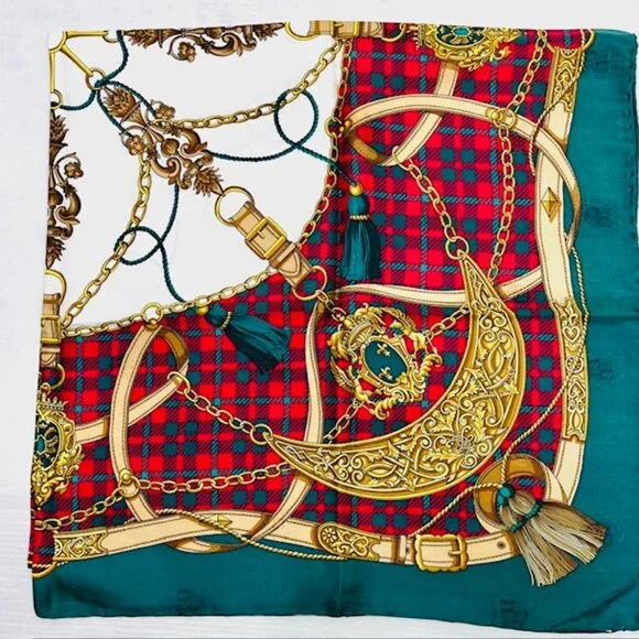 Beautiful GIOVANNI TESTI 100% SILKSCARF satin 34Ggreen read gold gold chain